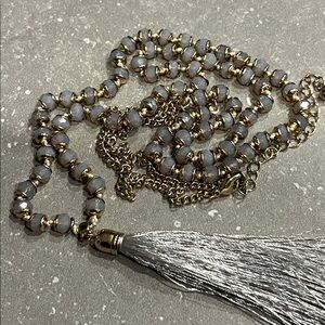 Gold Beaded Tassel Necklace with Silver Tassel